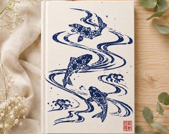 Koi Fish Notebook | Japanese Woodblock Journal | Blue Koi Hardcover Journal | Vintage Japanese Art Gift