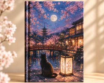 Black Cat Journal | Japanese Aesthetic Notebook | Sakura Cat Hardcover | Cat Lover Gift | Cherry Blossom Journal
