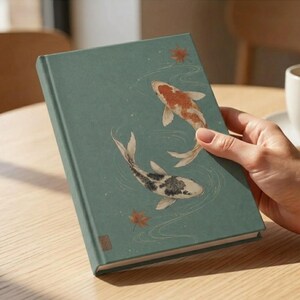 May include: A sage green hardcover notebook featuring a graphic illustration of two koi fish swimming in water with ripples and scattered orange maple leaves. The cover has a smooth matte finish and a small square logo near the bottom left corner.