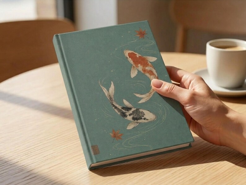 May include: A sage green hardcover notebook featuring a graphic illustration of two koi fish swimming in water with ripples and scattered orange maple leaves. The cover has a smooth matte finish and a small square logo near the bottom left corner.