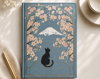 Black Cat Journal | Japanese Hardcover Notebook | Sakura & Mount Fuji Journal | Cat Lover Gift | Writing Notebook