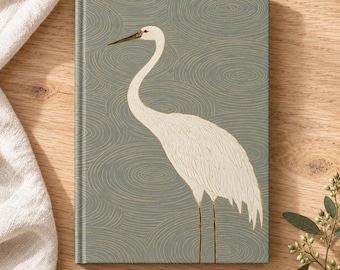 Japanese Heron Journal | A5 Writing Journal | Woodblock-Inspired Bird Notebook | Water Ripple Pattern | Heron Lover Gift