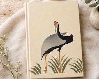 Crane Notebook, Japanese Crane Journal, Vintage Woodblock Style Hardcover Notebook, Japanese Bird Art, Gift for Bird Lover