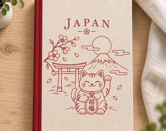 Travel Journal | Maneki Neko Lucky Cat | Japanese Cross Stitch Style A5 Writing Journal | Japan Travel Gift