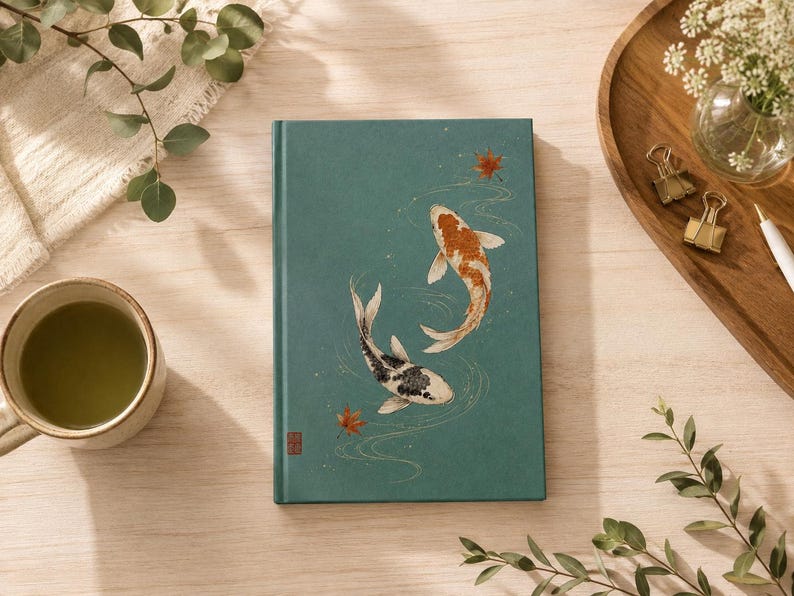 May include: A rectangular hardcover journal with a teal cover featuring an illustration of two koi fish swimming in water with gold line accents and small red maple leaves. A small red square seal is printed in the bottom left corner of the cover.