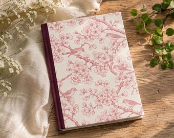 Bird Lover Gift | Cherry Blossom Mejiro Rose Pink Toile Journal | Writing, Reading Log and Notes