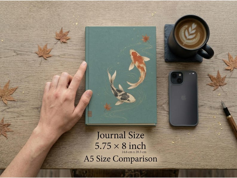 May include: A teal hardcover journal featuring an illustration of two koi fish swimming among fallen leaves. The journal measures 5.75 by 8 inches. The cover displays a graphic of a white and orange koi and a black and white koi in water.