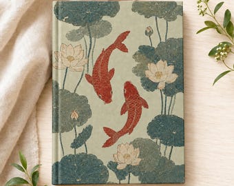 Koi Fish Notebook | Traditional Japanese Woodblock Journal | Lotus & Carp Hardcover Notebook | Gift for Koi Lovers