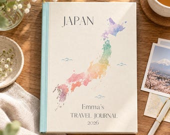 Personalized Japan Travel Journal | A5 Writing Journal | Watercolor Japan Map Notebook | Custom Name & Year | Travel Gift