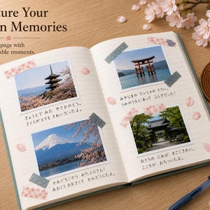 May include: An open notebook with lined pages featuring four photographs of Japanese landmarks, including a pagoda, a torii gate, Mount Fuji, and a temple gate, all secured with decorative washi tape and accompanied by handwritten Japanese text.