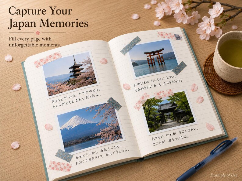 May include: An open notebook with lined pages featuring four photographs of Japanese landmarks, including a pagoda, a torii gate, Mount Fuji, and a temple gate, all secured with decorative washi tape and accompanied by handwritten Japanese text.