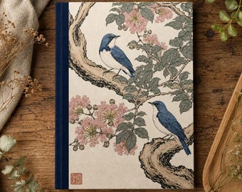 Bird Lover Journal | Siberian Blue Robin Notebook | Japanese Woodblock Bird Art | Vintage Botanical Hardcover Journal