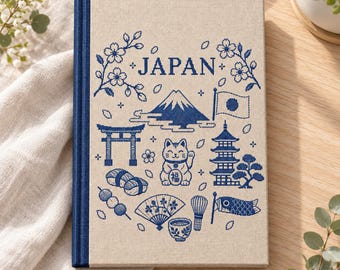 Japanese Travel Journal | A5 Writing Journal | Cross Stitch Style Japan Notebook | Maneki Neko, Mt Fuji & Sakura | Japan Travel Gift