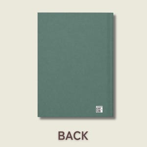 May include: A solid sage green rectangular book cover with a smooth, matte texture. The back cover features a small, square white label in the bottom right corner containing a black QR code and the numerical sequence 12345678 printed below it.