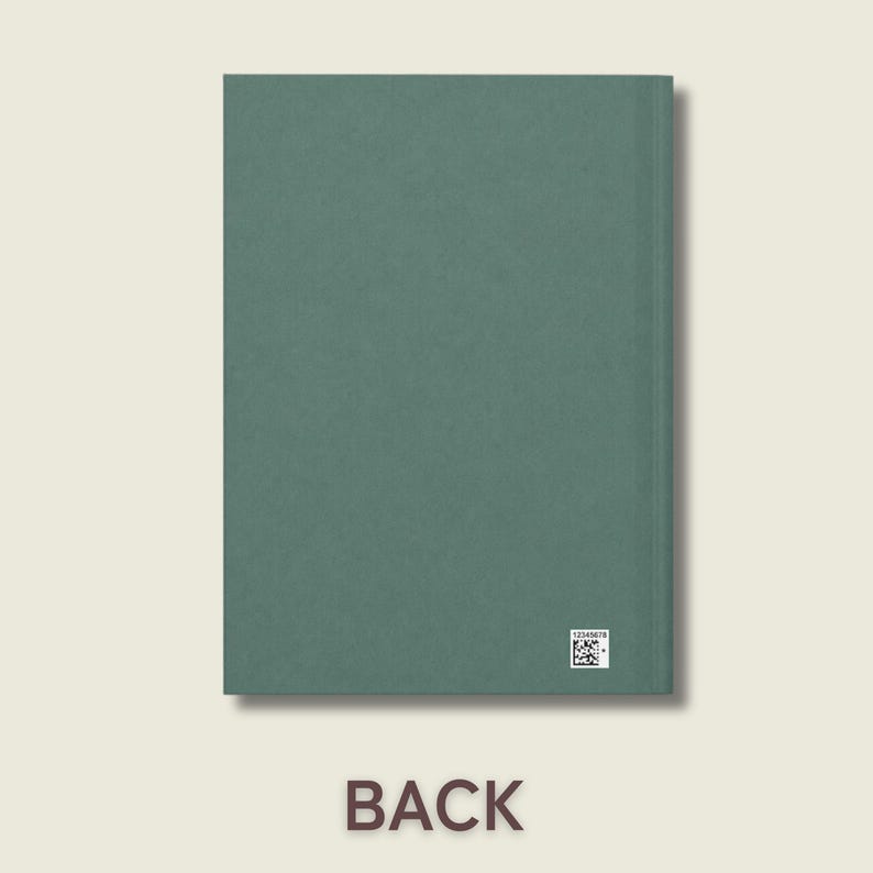May include: A solid sage green rectangular book cover with a smooth, matte texture. The back cover features a small, square white label in the bottom right corner containing a black QR code and the numerical sequence 12345678 printed below it.