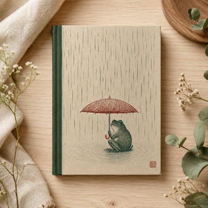 May include: A hardcover book with a tan cover featuring a green frog sitting in a puddle under a red umbrella. The cover art includes vertical lines representing rain and a dark green spine. A small red square stamp is visible in the bottom corner.