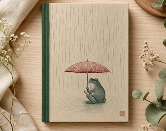 Woodblock Frog Journal | Japanese Frog Notebook | A5 Writing Journal | Frog with Red Umbrella | Vintage Rain Scene | Frog Lover Gift