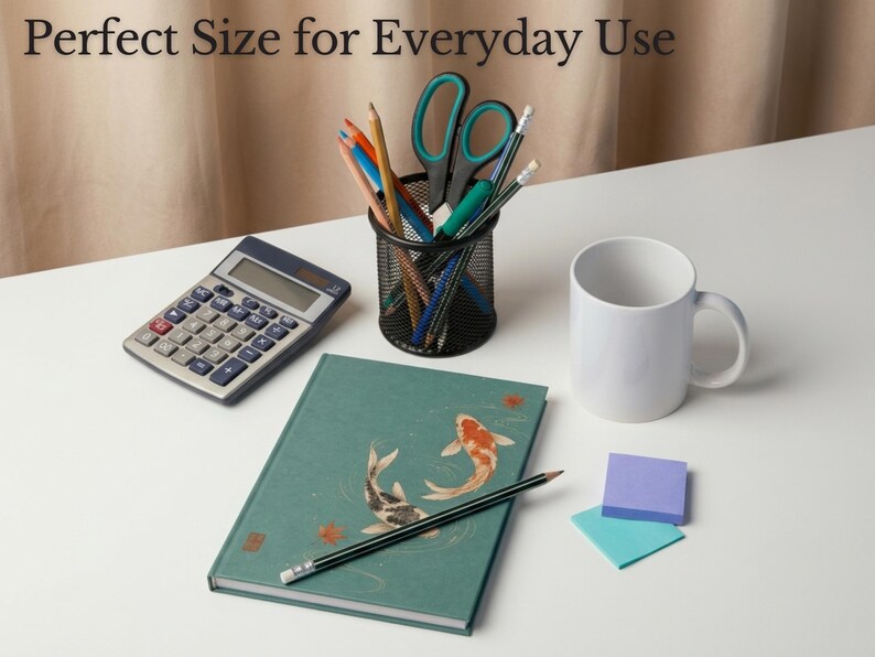 May include: A teal notebook with a koi fish illustration, a black mesh pencil cup containing pens, pencils, and scissors, a gray calculator, a white mug, a black pencil, and two square sticky notes with the text Perfect Size for Everyday Use.