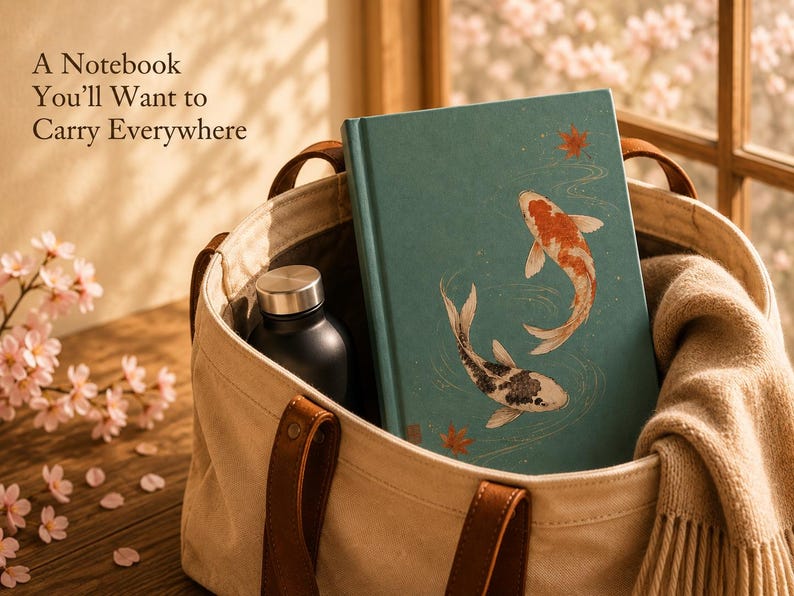 May include: A teal notebook featuring two koi fish and maple leaves, placed inside a beige canvas tote bag with brown leather handles. The notebook cover displays the text A Notebook You'll Want to Carry Everywhere. A black water bottle is also inside.