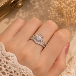 Princess Crown Engagement Ring Set,Silver Zirconia Wedding Stackable Rings,Bridal Jewelry for Women-Birthday or Wedding Gift-Jewelry