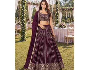 Wine Ready To Wear Lehenga Choli For Women with Zari Sequins Embroidery Work