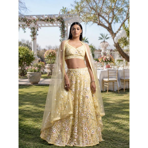 Light Yellow Ready To Wear Lehenga Choli For Women: Sequins Embroidery Indian Wedding Outfits