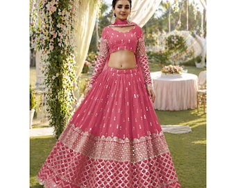 Lehenga Choli rosa bebé lista para usar para mujer: traje de boda indio con bordado de lentejuelas