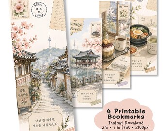 Segnalibri stampabili primaverili coreani / Set di 4 / Hanok con fiori di ciliegio / Download digitale / PDF e JPG