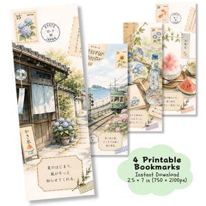 May include: Four printable bookmarks measuring 2.5 by 7 inches, featuring watercolor illustrations of Japanese summer scenes including a traditional house with hydrangeas, a coastal train, morning glories, and shaved ice with Japanese text.