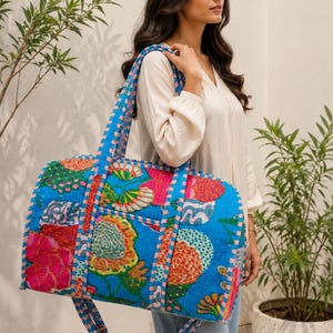 Colorful Quilted Duffle Bag, Handmade Cotton Weekender Bag, Boho Travel Bag, Floral Overnight Bag, Carry On Luggage, Patchwork Travel Tote,