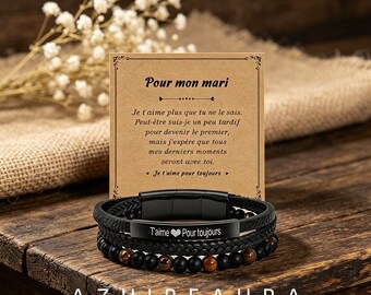 custom engraved black leather bracelet for men three layer magnetic clasp wristband