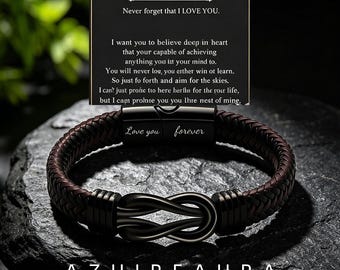 To My Grandson Custom Engraved Bracelet Black Leather Braided Magnetic Knot Mens Gift
