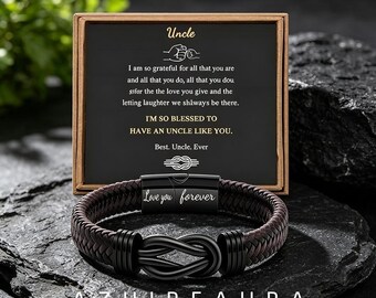 To My Uncle Custom Engraved Bracelet Black Leather Braided Magnetic Knot Mens Gift