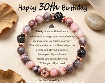 30th Birthday Pink Zebra Jasper Bracelet, Vintage Faceted Natural Stone Stretch Bracelet with Message Card, Boho Gift for Her