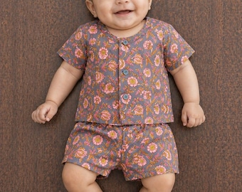 Conjunto infantil hecho a mano 100% algodón – Estampado de Jaipur, atuendo étnico para bebé, ropa de verano para niños pequeños