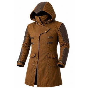 May include: A brown hooded coat featuring dark brown sleeves and shoulder accents. The coat has a high collar, a front button closure, two flap pockets at the waist, and adjustable buckle straps on the cuffs. The fabric has a textured finish.