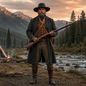 May include: A person wearing a black wide-brimmed hat, a dark long coat, a brown vest, and tan trousers. The attire includes a dark neckerchief, leather gloves, and tall brown leather boots. A long wooden rifle is held across the chest area.