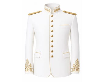 White Military Style Jacket for Men | Gold Embroidered Bandhgala Suit | Wedding Prince Coat