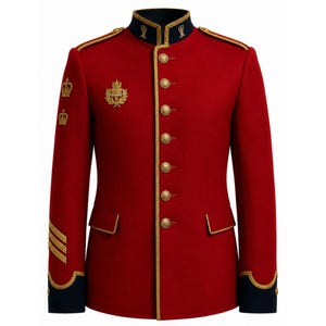 May include: A red military-style jacket with gold trim and buttons. The jacket features a mandarin collar, epaulets, and decorative gold embroidery, including crowns and a crest. The sleeves have gold stripes and navy blue cuffs.