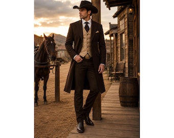 Heren western cowboypak, bruine rokkostuum, trouwoutfit, cowboy bruidegomset