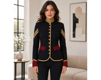 Chaqueta militar para mujer, blazer negro y dorado, chaqueta de húsares, abrigo de uniforme de banda, estilo victoriano.