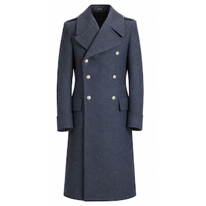 May include: A dark blue, double-breasted overcoat with silver-colored buttons. The coat features a notched lapel, shoulder epaulettes, and a long, tailored silhouette. The coat has two front pockets and a classic, formal design.