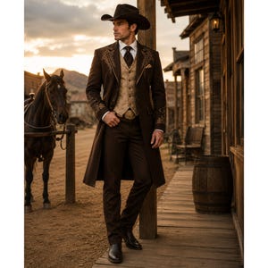 Può includere: Un lungo cappotto marrone scuro con ricami complessi sulle spalle e sulle maniche, indossato sopra un gilet beige a motivi, una camicia bianca con colletto, una cravatta scura e pantaloni marrone scuro abbinati, con cappello da cowboy e stivali.