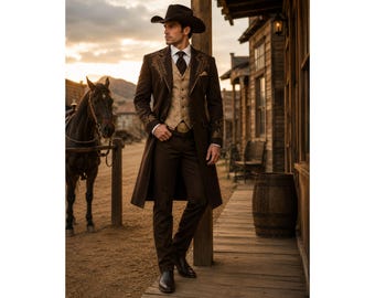 Mens Western Cowboy Suit, Brown Embroidered Tailcoat, Wedding Outfit, Cowboy Groom Set
