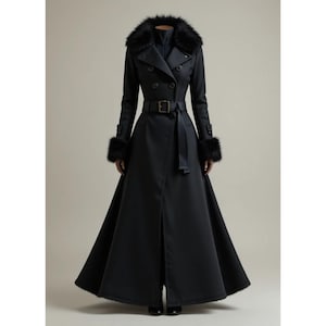 Handgemaakte zwarte gotische lange jas dames, lange trenchcoat met bontkraag, Victoriaanse winterstijl