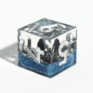 Handmade Resin Dice Set, Kaiju City Skyline, Transparent Blue Sharp Edge DnD Polyhedral Dice