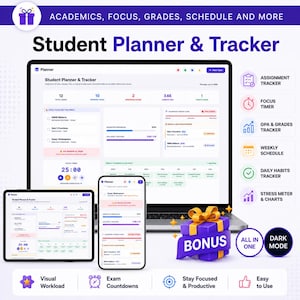 Pode incluir: Um planejador e rastreador estudantil digital exibido em uma tela de laptop, tablet e smartphone. A interface inclui um rastreador de tarefas, temporizador de foco, rastreador de notas, cronograma semanal e rastreador de hábitos. Uma caixa de presente roxa com o rótulo BONUS está incluída.