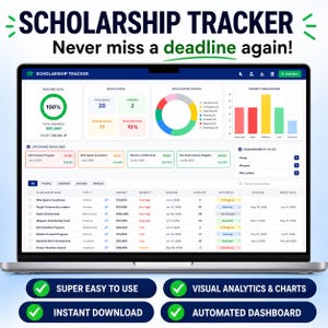 May include: A digital scholarship tracker dashboard displayed on a laptop screen. The interface features a funding goal progress ring, quick stats, an application status donut chart, a priority breakdown bar graph, and a detailed scholarship list.