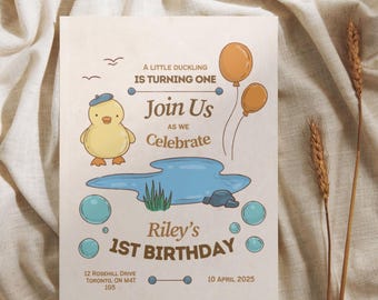 Lucky Duck verjaardagsuitnodiging, eend 1e verjaardagsuitnodiging, jongensbabyshower eendthema, bewerkbare eendenuitnodiging canvassjabloon