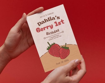 Aardbei verjaardagsuitnodiging, bessen verjaardagsuitnodiging, Berry 1e verjaardag uitnodigen meisje, digitale Berry verjaardagsuitnodiging sjabloon afdrukbare